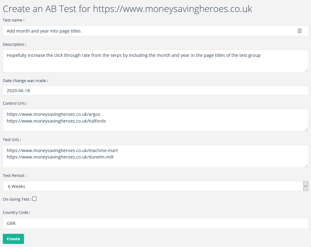 Screenshot showing how to create a new SEO split test in SEOTesting.com