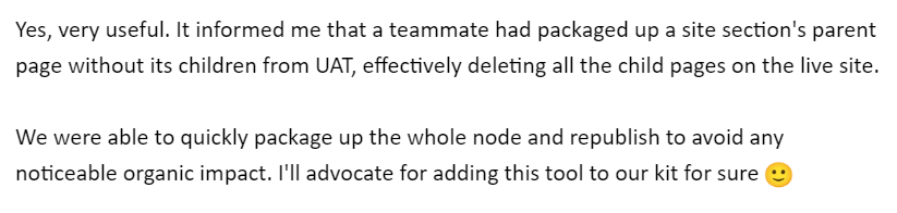 Screenshot of customer feedback praising the sitemap monitor for preventing deletion of child pages from the live site.