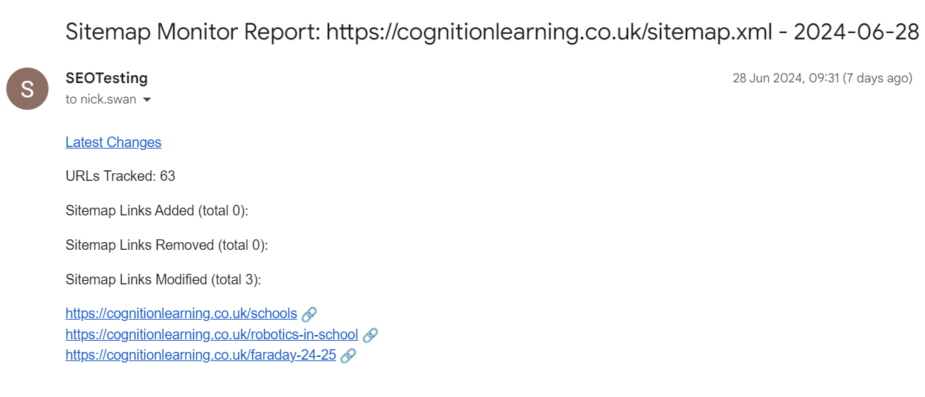 Screenshot showing sitemap monitor report email with URLs tracked, added, removed, and modified.