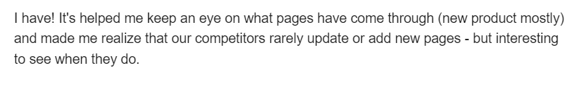 Screenshot of positive review praising the sitemap monitor for tracking competitor page updates and new product page additions.