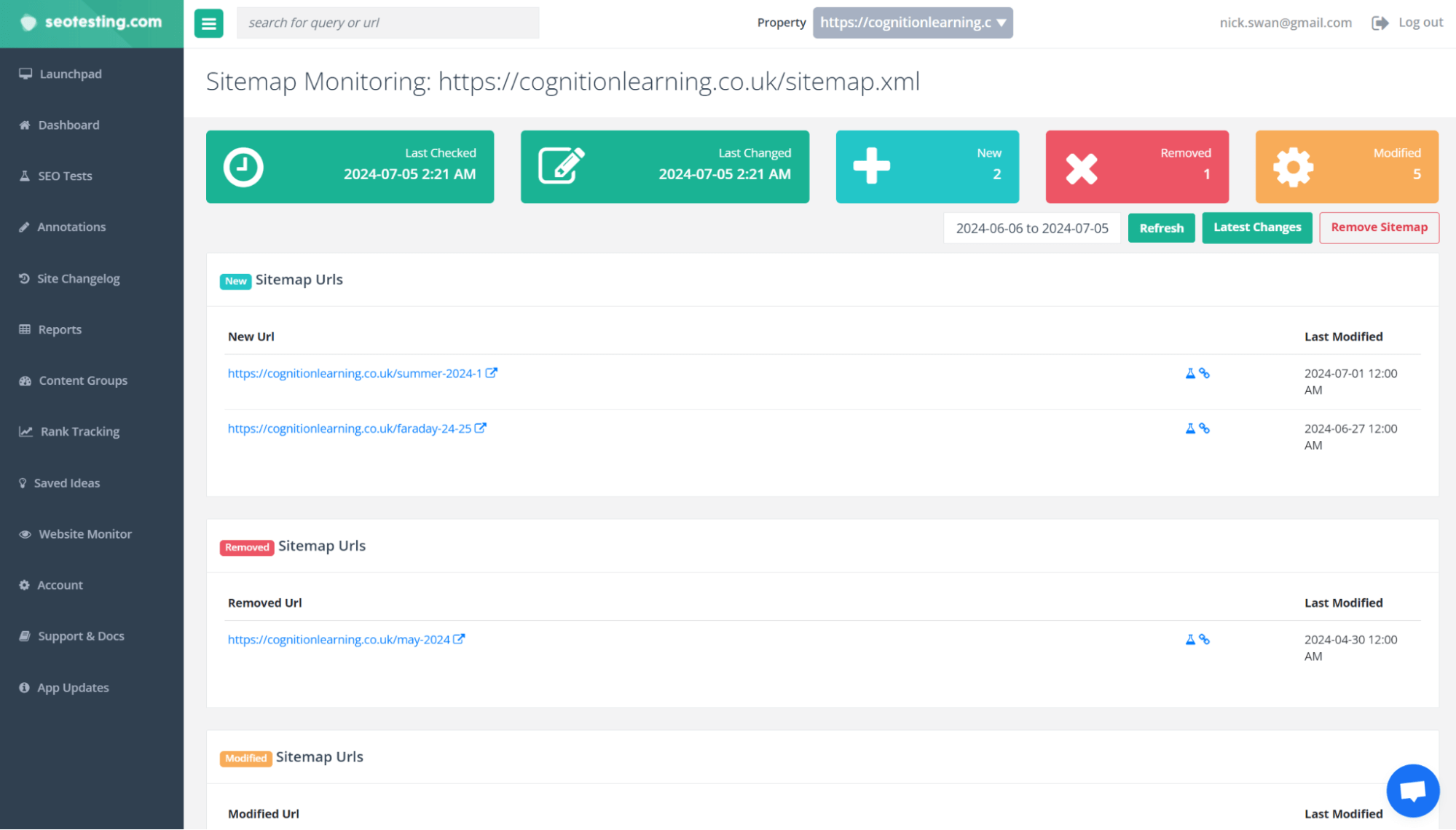 Screenshot showing sitemap monitoring with new, removed, and modified URLs highlighted.