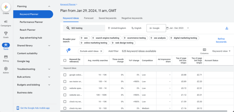 Google Keyword Planner search results for 'SEO testing' with various keyword suggestions and data metrics