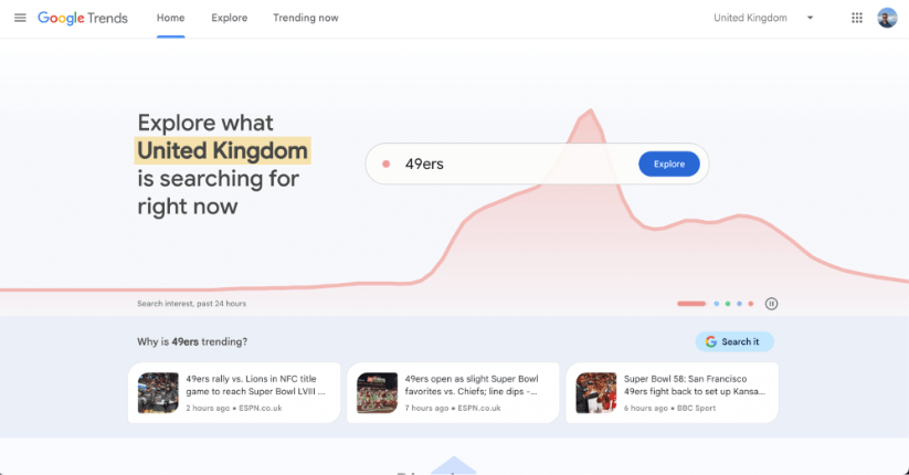 Google Trends homepage showcasing current search trends in the United Kingdom, with '49ers' as a trending topic.