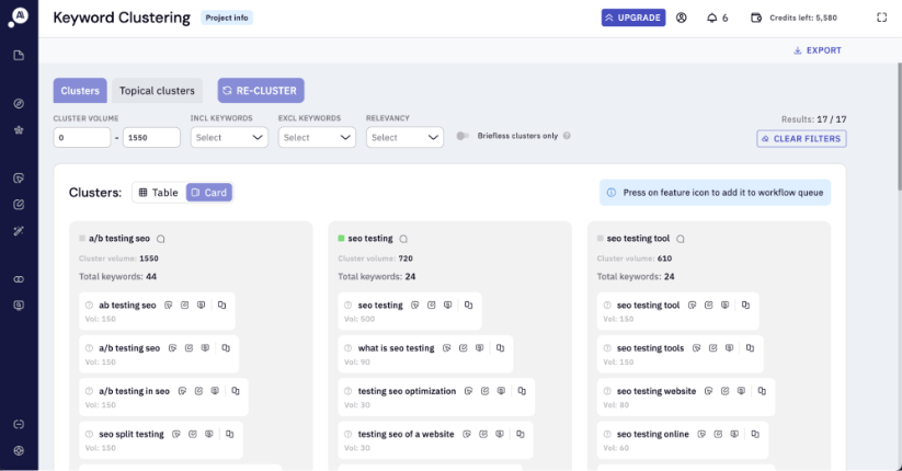 Keyword Clustering tool interface displaying clusters related to 'SEO testing' with volumes and total keywords. Features include options to re-cluster and filter results, with a clear and user-friendly layout for SEO analysis.