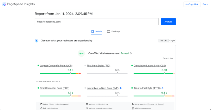 PageSpeed Insights report for 'seotesting.com' from January 11, 2024. It shows metrics for mobile performance including Largest Contentful Paint (LCP), First Input Delay (FID), and Cumulative Layout Shift (CLS), indicating the site passed Core Web Vitals assessment.