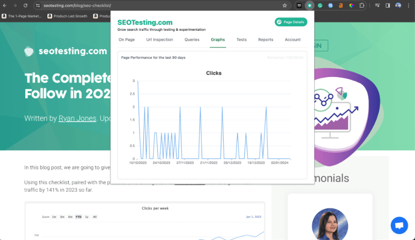 A blog post on SEOTesting.com titled 'The Complete SEO Checklist to Follow in 2023'. A sidebar from the SEOTesting Chrome Extension overlays the page, showing a graph of page clicks over the last 90 days.