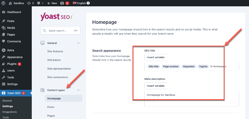 WordPress dashboard showing the Yoast SEO plugin interface for setting up the SEO title and meta description for a homepage. The sidebar highlights the navigation through 'Content types' to 'Homepage' settings.