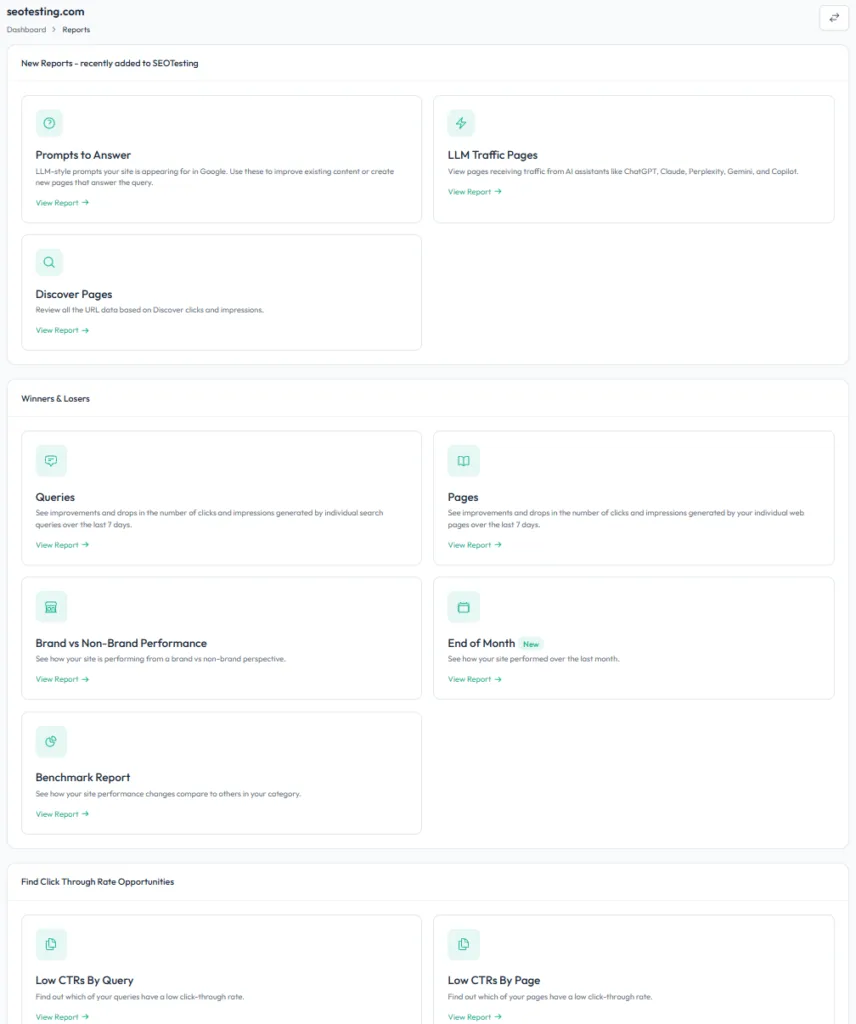 Reports screen in SEOTesting