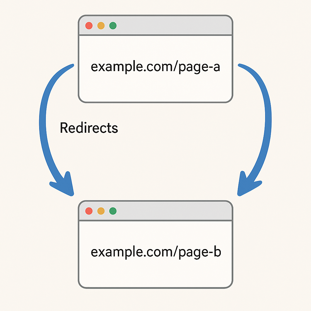 Diagram showing a URL redirect where example.com/page-a redirects to example.com/page-b using curved arrows and browser windows