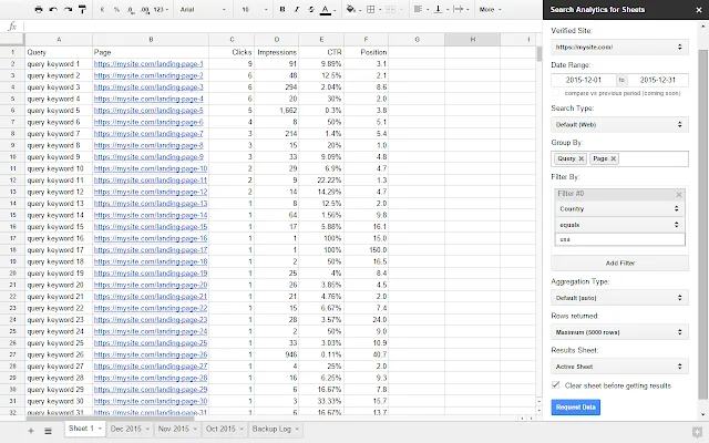 Google Search Analytics for Sheets add-on displaying queries, landing pages, clicks, impressions, CTR, and average position data from Google Search Console