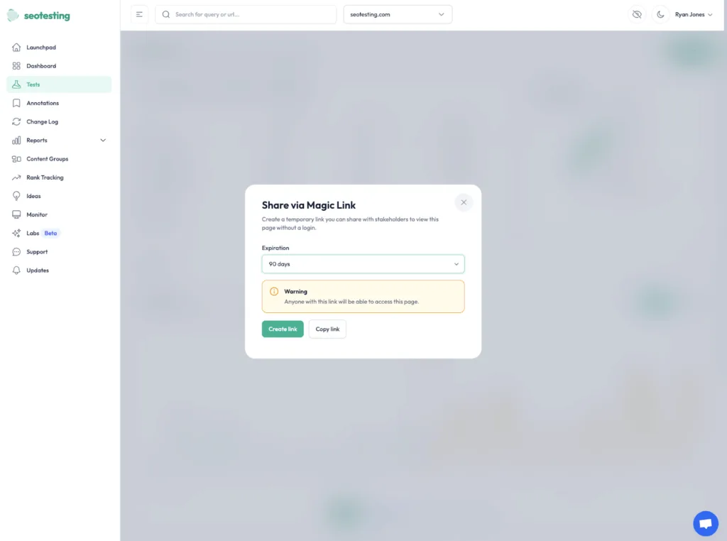 SEOTesting Magic Link sharing modal allowing stakeholders to view SEO reports without logging in