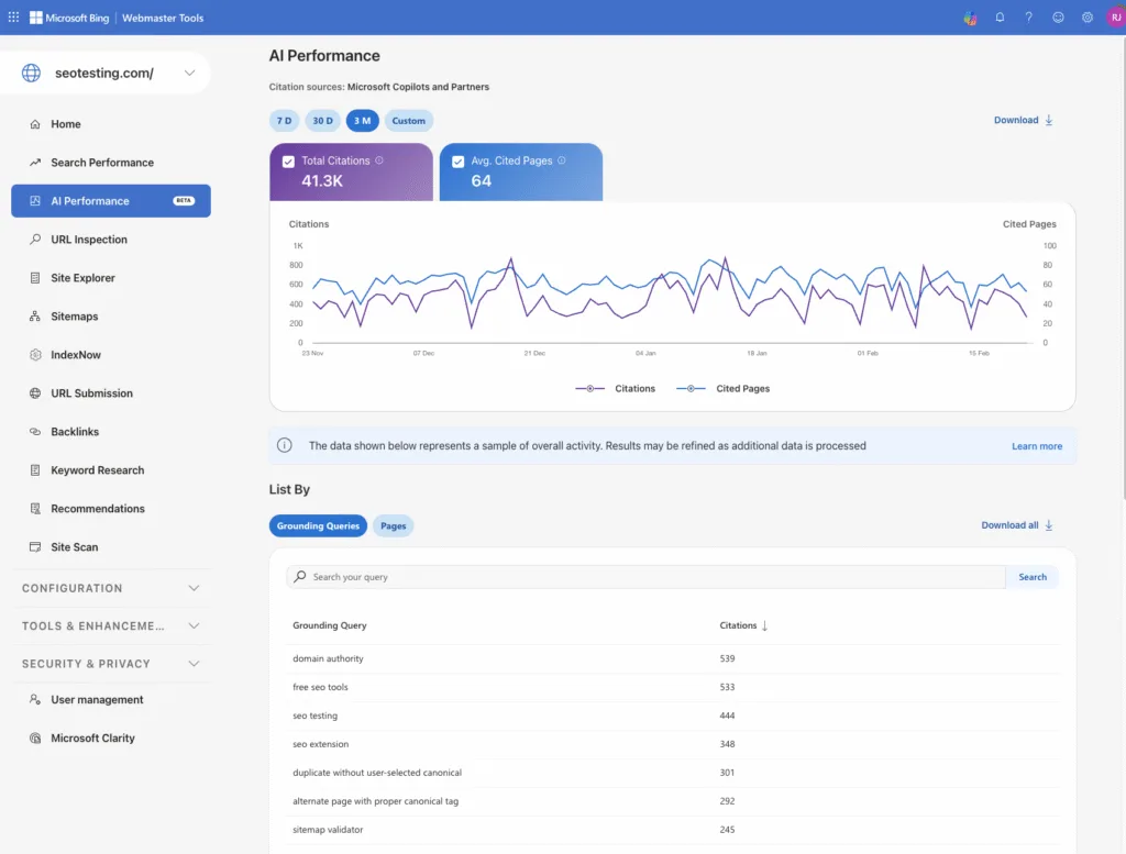 AI Performance Report in Bing Webmaster Tools for SEOTesting.com