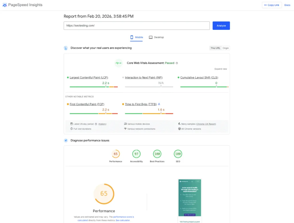 Google PageSpeed Insights mobile report for seotesting.com showing Core Web Vitals passed, 2.2s Largest Contentful Paint, 0 CLS, 1.6s Time to First Byte, and performance score of 65 with accessibility, best practices, and SEO scores.