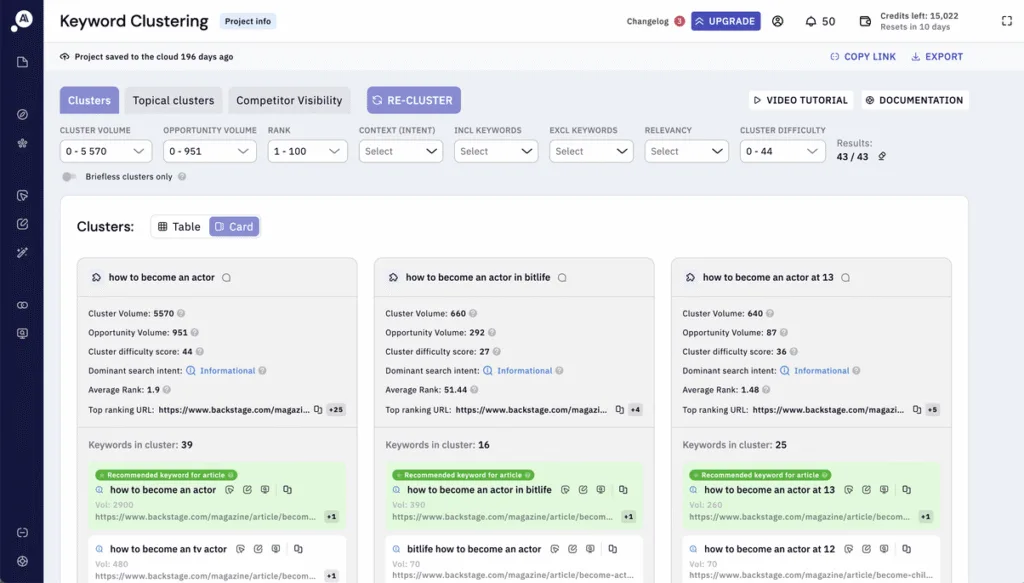 Keyword clustering tool dashboard showing topic clusters for “how to become an actor,” including cluster volume, opportunity volume, keyword difficulty score, search intent, average rank, and recommended keywords for content planning.