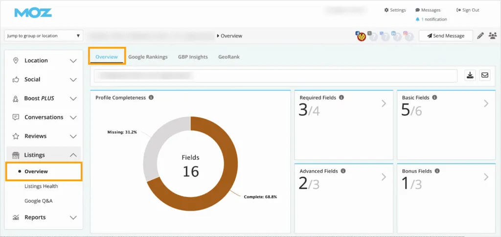 Moz Local listings overview dashboard showing profile completeness at 68.8%, 16 total fields, required and advanced field status, and business listing optimization summary.