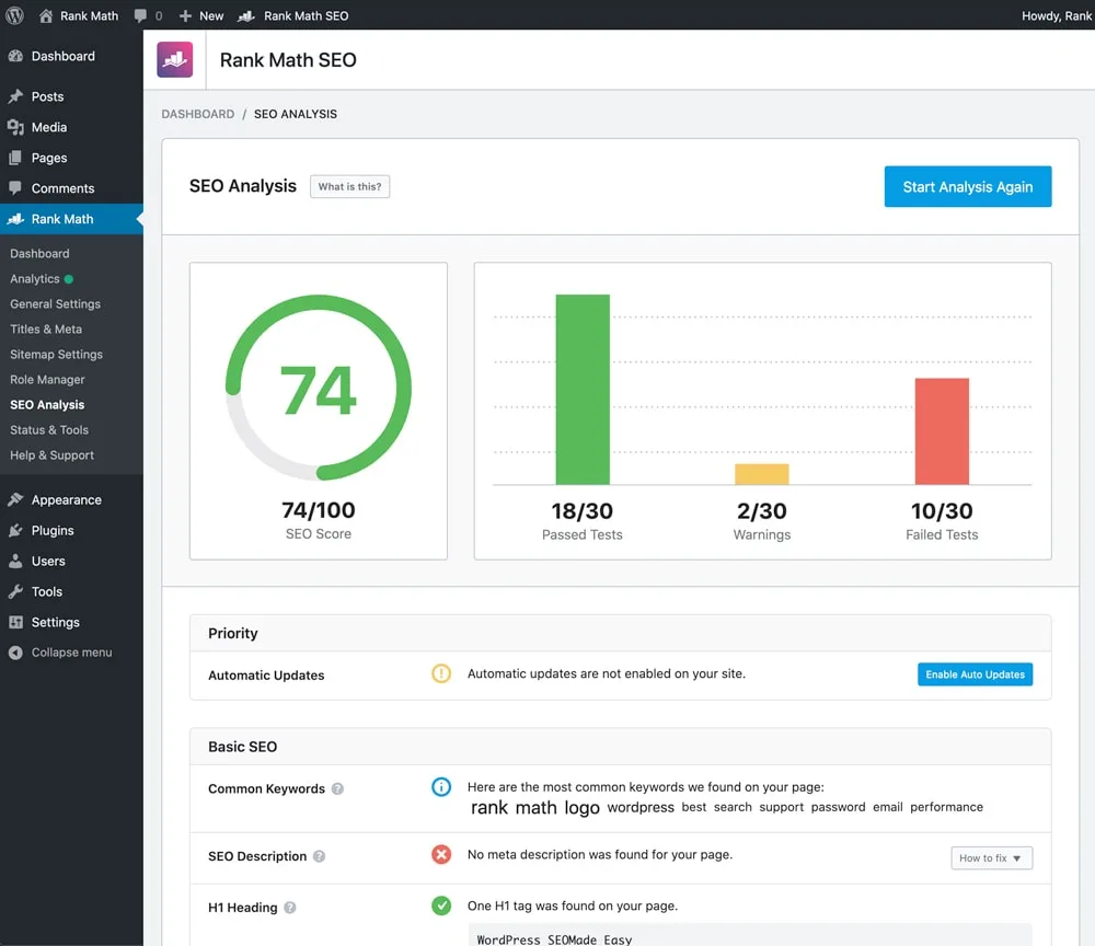 Rank Math SEO analysis dashboard showing 74 out of 100 SEO score, 18 passed tests, 2 warnings, 10 failed tests, and on-page SEO recommendations in WordPress.