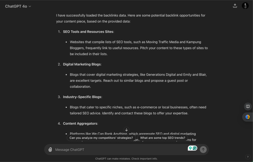 Screenshot of ChatGPT listing potential backlink opportunities for a content piece, including SEO tools and resources sites, digital marketing blogs, industry-specific blogs, and content aggregators.