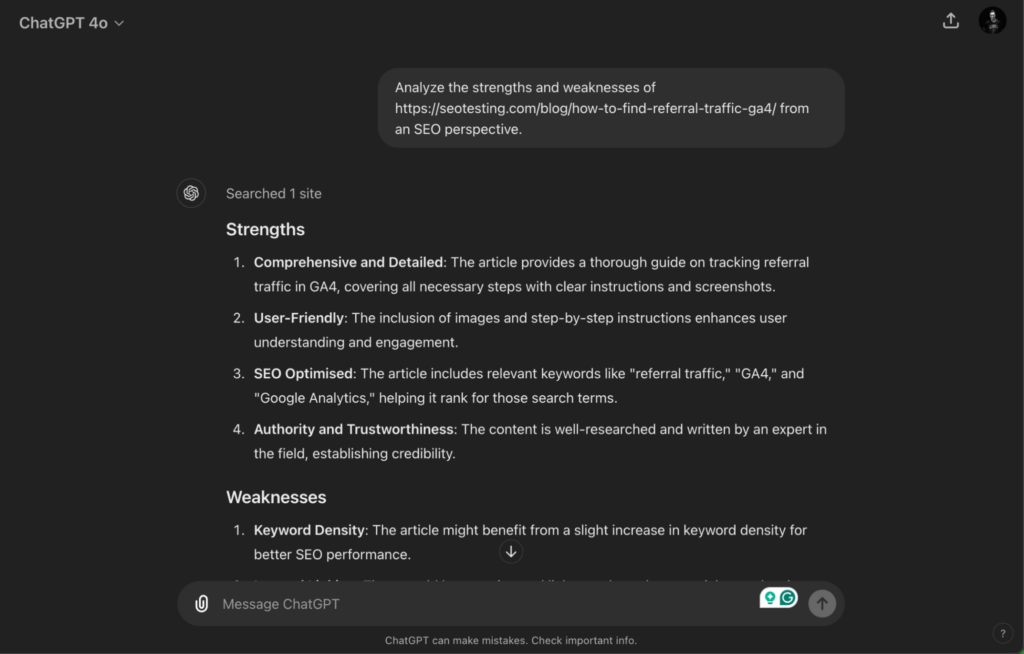 Screenshot of a ChatGPT analysis detailing the strengths and weaknesses of an article on tracking referral traffic in GA4 from an SEO perspective, highlighting aspects like comprehensive content, user-friendliness, SEO optimisation, and suggestions for improving keyword density.