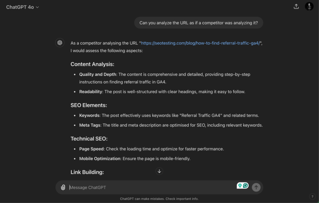 Screenshot of a ChatGPT analysis of a URL from the perspective of a competitor, evaluating content quality, SEO elements, technical SEO, and link-building opportunities for a blog post on finding referral traffic in GA4.