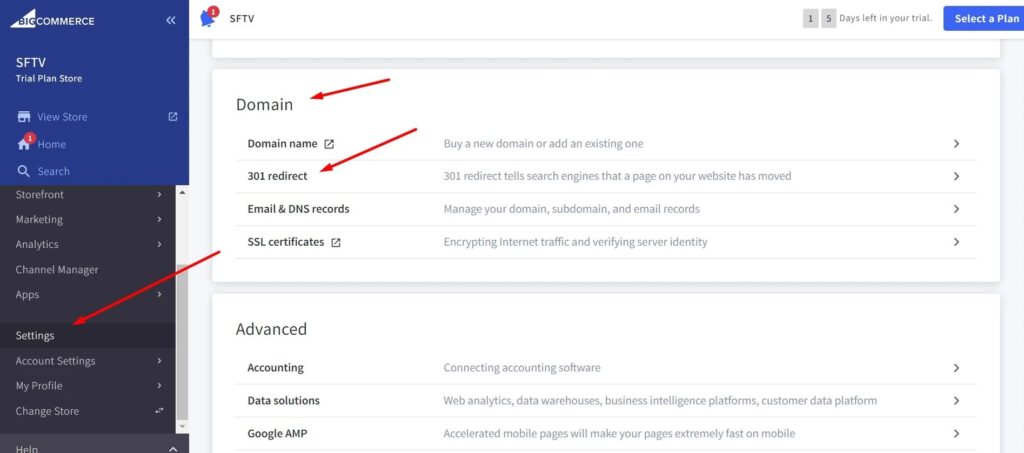 BigCommerce settings interface showing domain management options with a focus on the 301 redirect feature.