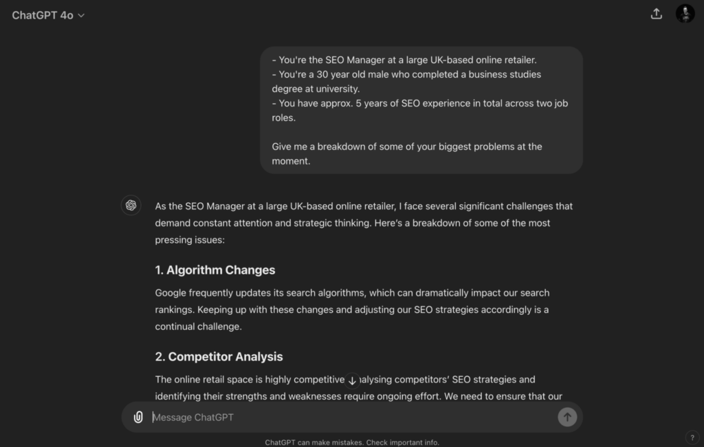 Screenshot of a ChatGPT conversation where an SEO Manager at a large UK-based online retailer discusses major challenges including algorithm changes and competitor analysis.