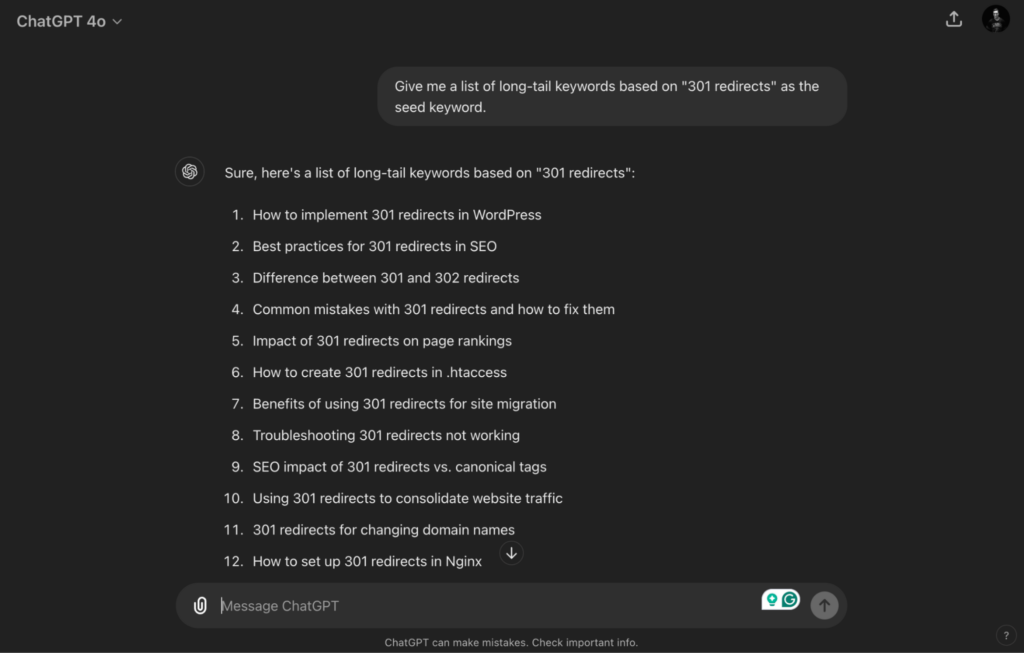 Screenshot of a ChatGPT response listing long-tail keywords based on '301 redirects,' including topics such as implementation in WordPress, best practices, and troubleshooting.