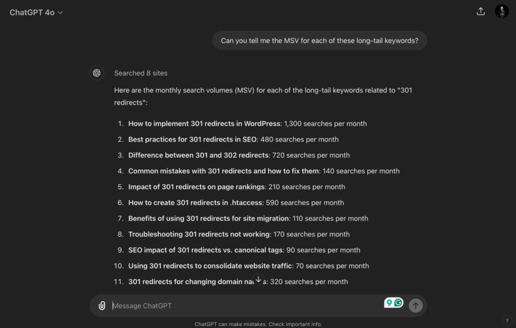 Screenshot of a ChatGPT response providing the monthly search volumes (MSV) for long-tail keywords related to '301 redirects,' including topics like implementation in WordPress, best practices in SEO, and differences between 301 and 302 redirects.