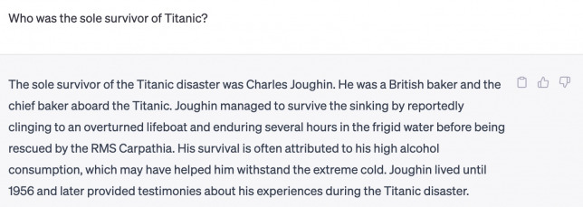 Screenshot of ChatGPT response incorrectly stating that Charles Joughin was the sole survivor of the Titanic disaster.