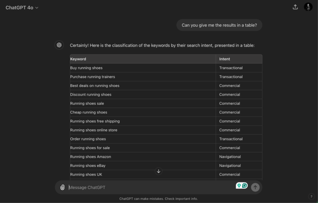 Screenshot of a ChatGPT response presenting a table that classifies keywords by their search intent, including terms like 'buy running shoes' as transactional, 'best deals on running shoes' as commercial, and 'running shoes Amazon' as navigational.