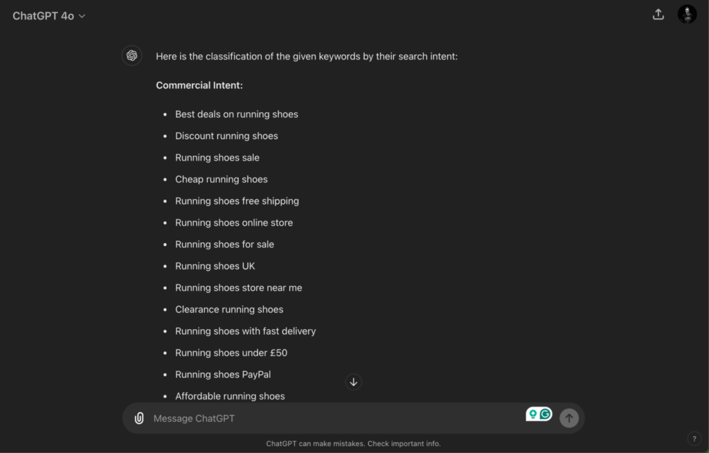 Screenshot of a ChatGPT response classifying keywords by search intent under the category 'Commercial Intent,' including phrases like 'best deals on running shoes,' 'discount running shoes,' and 'cheap running shoes.'