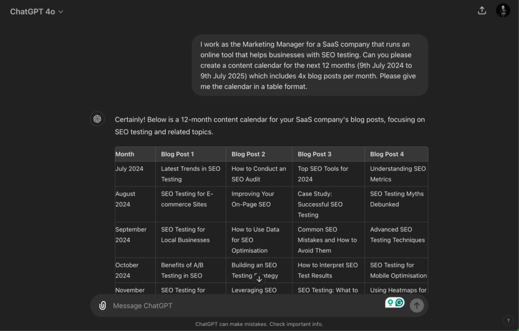 Screenshot of a ChatGPT-generated 12-month content calendar for a SaaS company focused on SEO testing, featuring four blog post ideas per month from July 2024 to June 2025, including topics like SEO audits, A/B testing, and SEO tools.