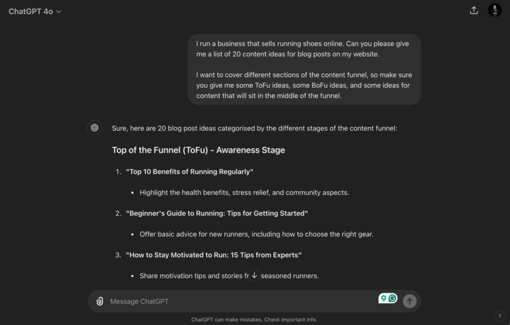 Screenshot of a ChatGPT response offering 20 blog post ideas for a running shoes website, categorized by different stages of the content funnel, including Top of the Funnel (ToFu), Middle of the Funnel, and Bottom of the Funnel (BoFu) ideas.