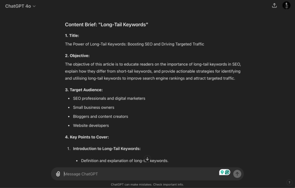 Screenshot of a ChatGPT-generated content brief titled 'Long-Tail Keywords,' outlining the title, objective, target audience, and key points to cover, aimed at educating readers on the importance of long-tail keywords in SEO.