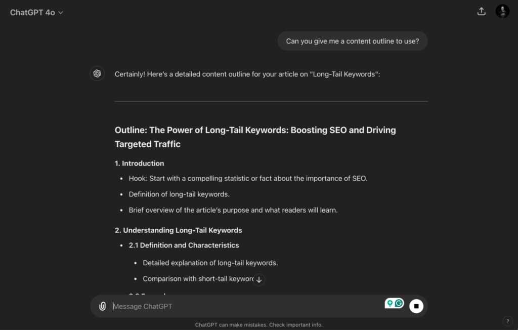 Screenshot of a ChatGPT-generated content outline for an article titled 'The Power of Long-Tail Keywords: Boosting SEO and Driving Targeted Traffic,' including sections on introduction, understanding long-tail keywords, and examples.