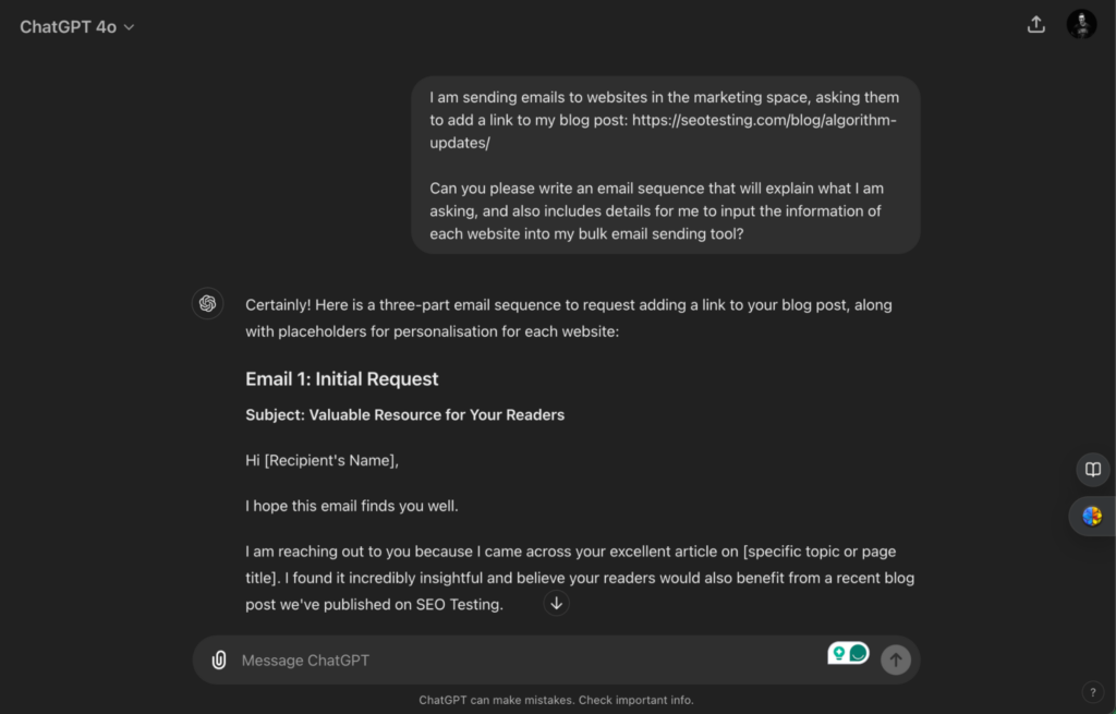 Screenshot of a ChatGPT response providing a three-part email sequence template for requesting link additions to a blog post, including placeholders for personalisation and bulk email sending tool details.