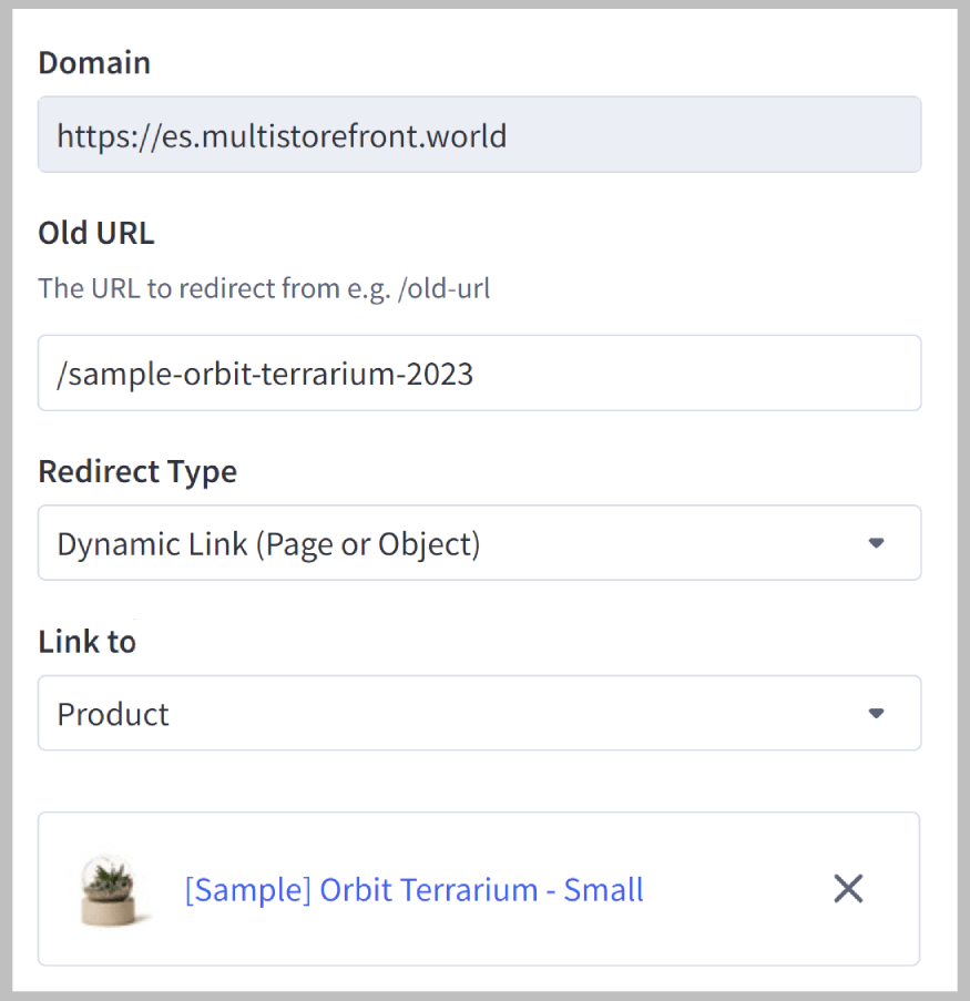 E-commerce platform interface showing redirect settings, including fields for domain, old URL, redirect type, and linked product.