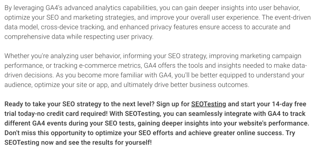 Screenshot of a call-to-action on the SEOTesting blog, promoting a 14-day free trial of SEOTesting with no credit card required, highlighting the integration with GA4 for tracking events and optimising SEO strategies.