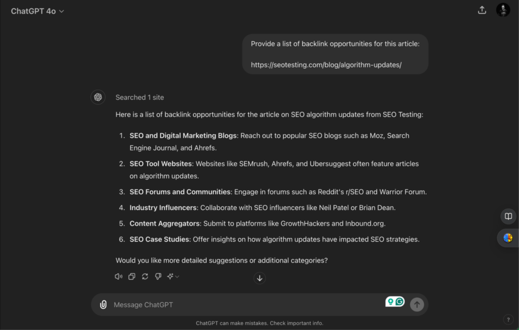 Screenshot of a ChatGPT response listing backlink opportunities for an article on SEO algorithm updates, including suggestions such as reaching out to SEO blogs, tool websites, forums, industry influencers, content aggregators, and creating SEO case studies.