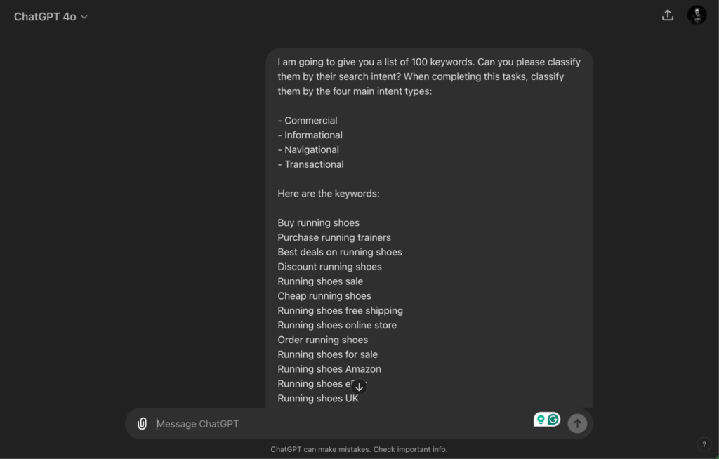 Screenshot of a ChatGPT conversation where a user asks for the classification of 100 keywords by search intent into categories such as commercial, informational, navigational, and transactional, with examples like 'buy running shoes' and 'best deals on running shoes.'