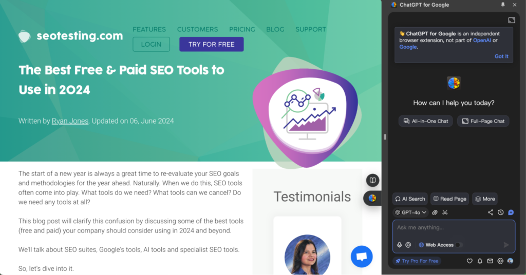 Screenshot of the SEOTesting.com blog page featuring an article titled 'The Best Free & Paid SEO Tools to Use in 2024,' with the ChatGPT for Google browser extension open on the right side, displaying options for AI search and full-page chat.