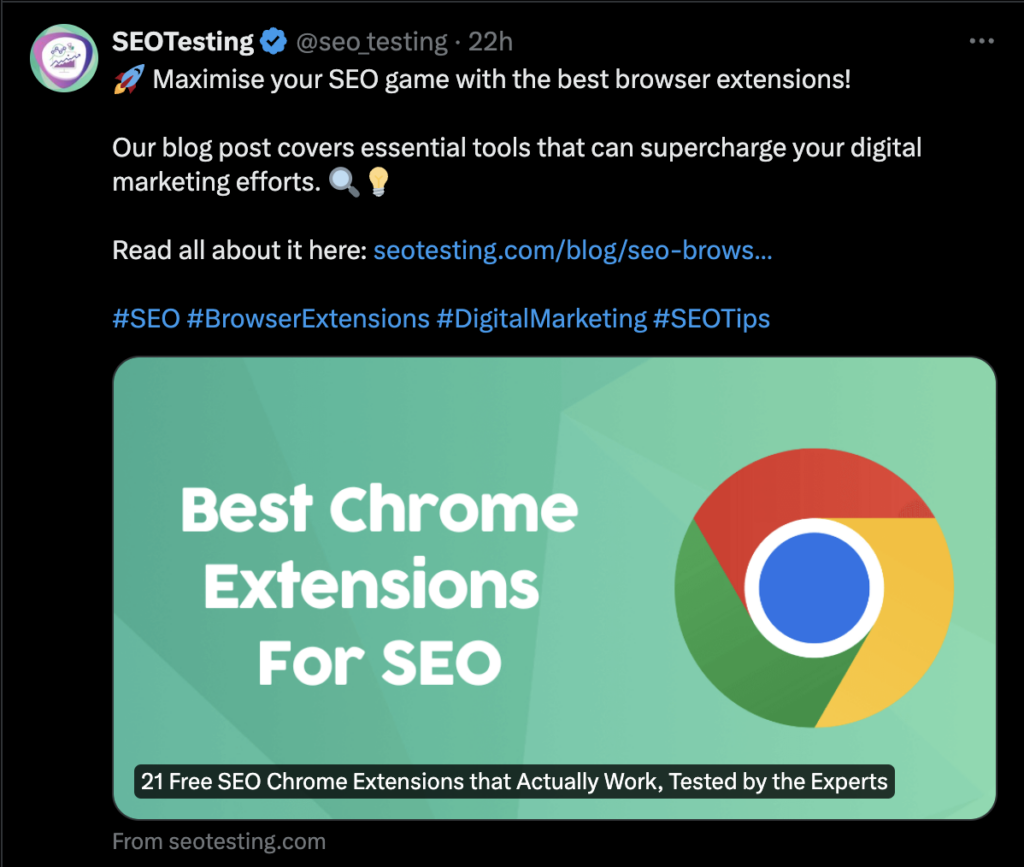 Tweet from SEOTesting account promoting blog post on Chrome extensions for SEO