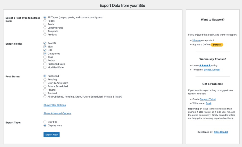 Export data screen showing site URL explorer options