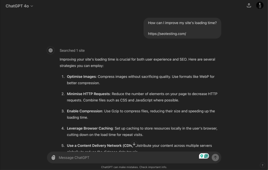 Screenshot of a ChatGPT response offering strategies to improve site loading time, including optimising images, minimising HTTP requests, enabling compression, leveraging browser caching, and using a Content Delivery Network (CDN).