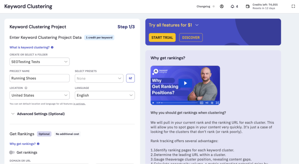 Screenshot of the 'Keyword Clustering' project setup interface, where a user is configuring a project for 'Running Shoes' with options to select presets, location, and language. The interface also includes a section on the advantages of getting rankings when clustering keywords.