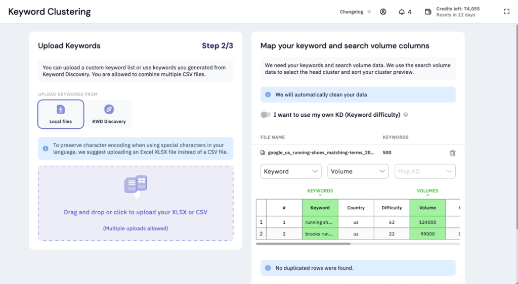 Screenshot of the 'Keyword Clustering' tool's keyword upload interface, showing the option to upload keywords from local files or Keyword Discovery. The interface guides users through mapping keyword and search volume columns, with an example file being imported for clustering analysis.