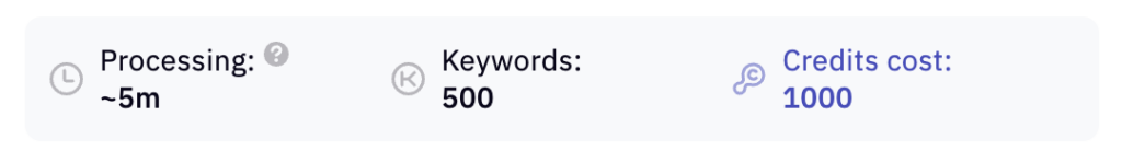 Screenshot showing the processing details for a keyword clustering task, indicating a processing time of approximately 5 minutes for 500 keywords, with a total credit cost of 1000.