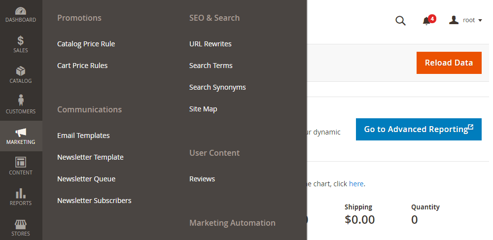 Magento dashboard highlighting the SEO and search menu with URL rewrite options, including search terms and sitemap.