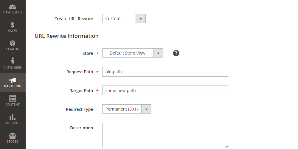 Magento URL rewrite form showing fields for request path, target path, and redirect type, with options to create custom URL rewrites.