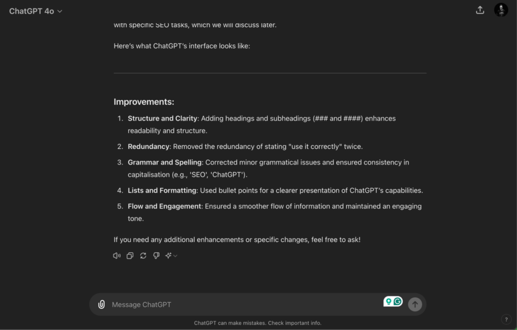 Screenshot of a ChatGPT response detailing improvements made during the proofreading process, including enhancements to structure and clarity, removal of redundancy, grammar and spelling corrections, and improved flow and engagement.