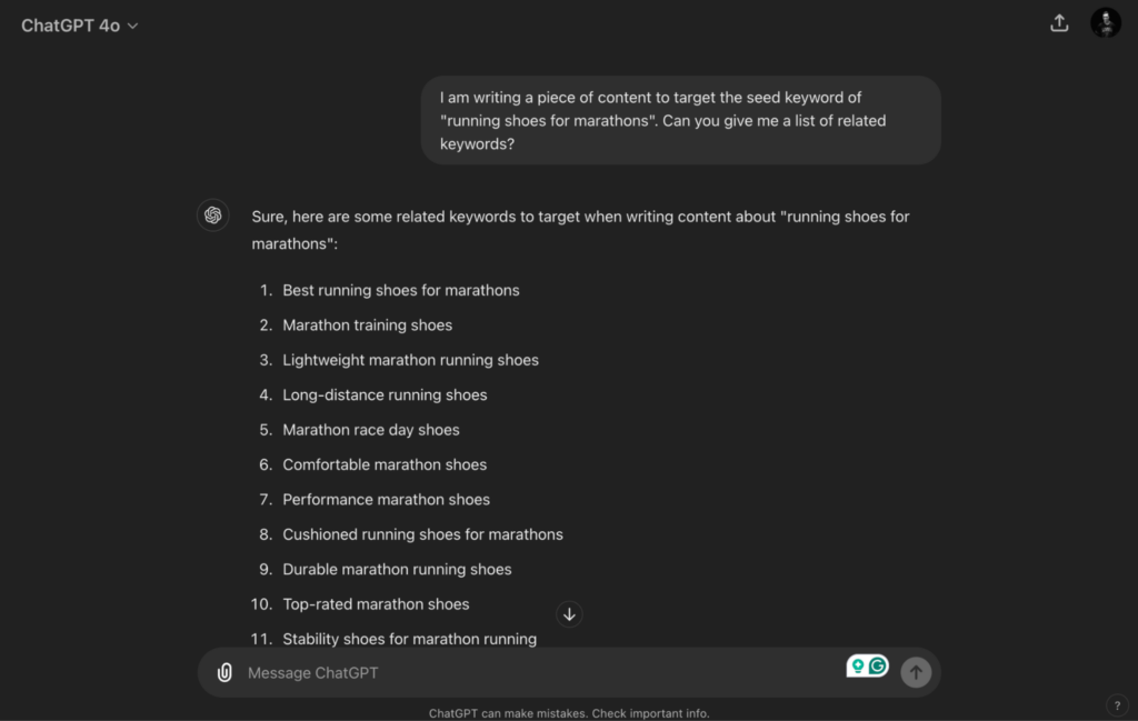 Screenshot of a ChatGPT response listing related keywords for 'running shoes for marathons,' including terms like best running shoes for marathons, lightweight marathon running shoes, and performance marathon shoes.